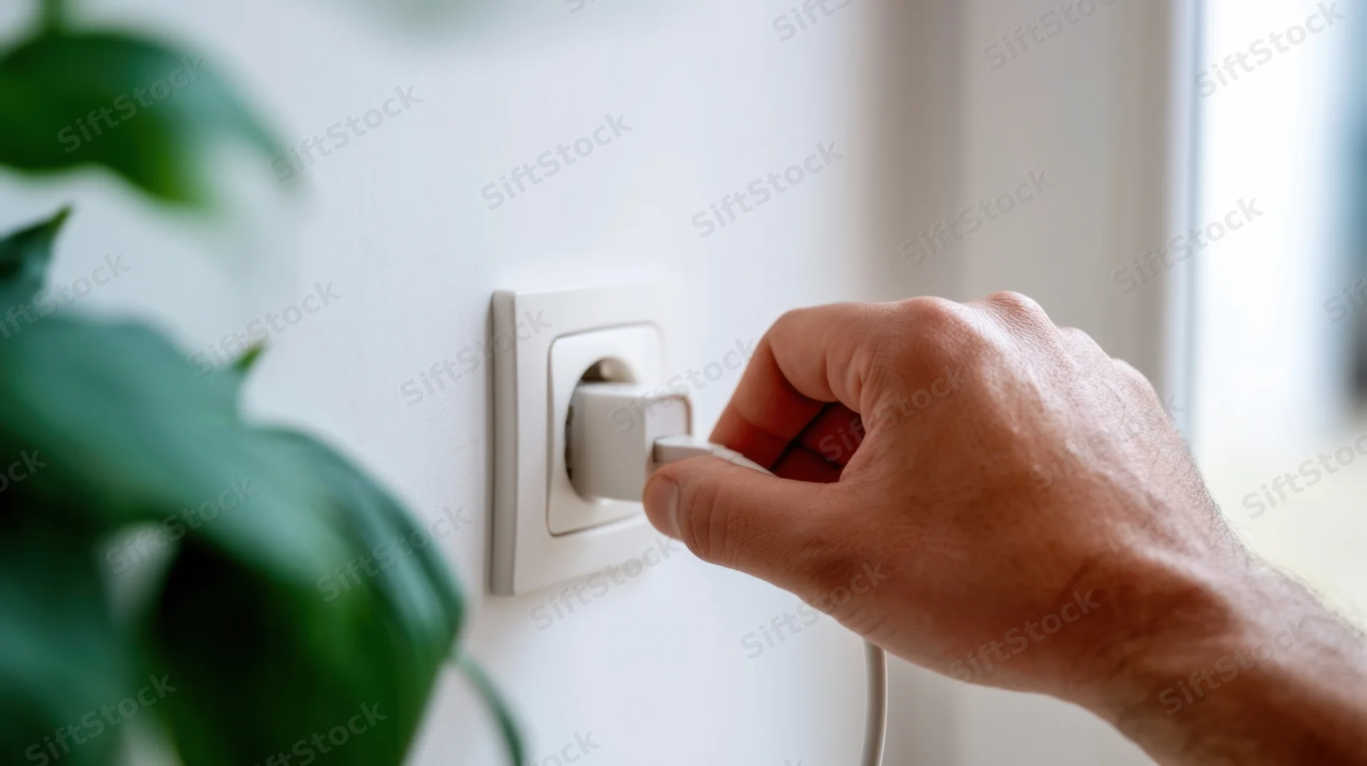 Hand inserting a white plug into a wall socket indoors near a green plant