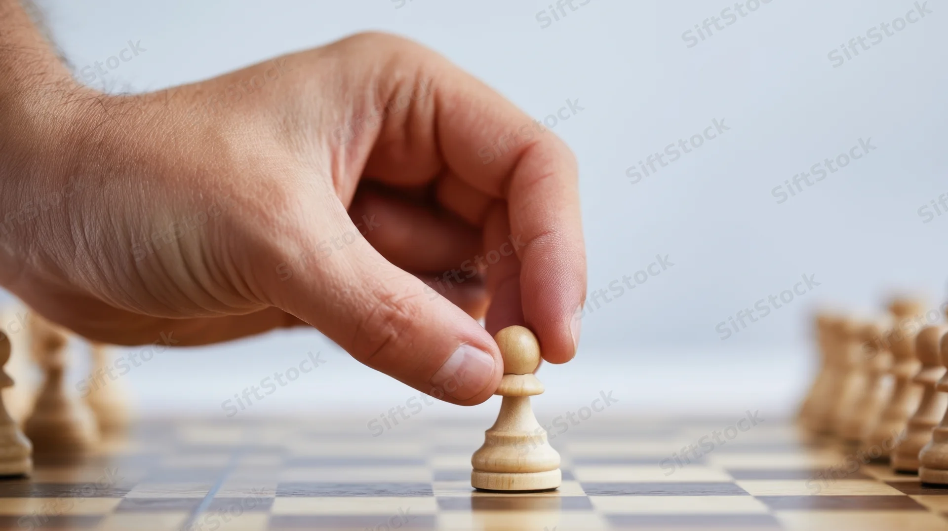 Hand moving a chess pawn on a wooden board during a game