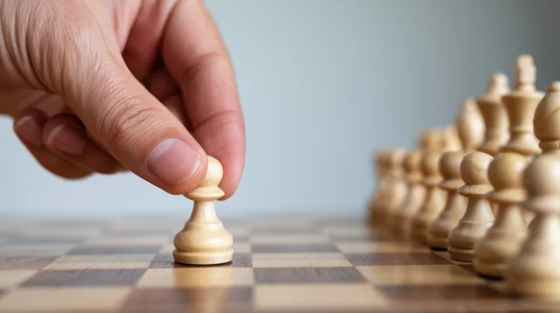 Hand moving a chess pawn on a wooden board during a game