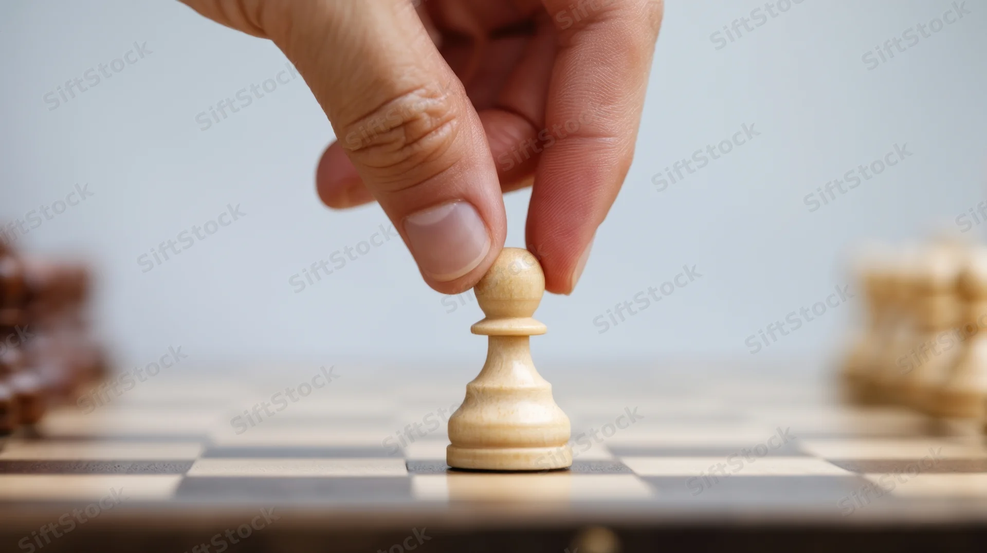 Hand placing a white chess pawn on a wooden board during a game