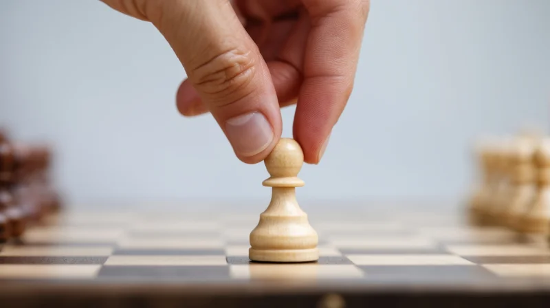 Hand placing a white chess pawn on a wooden board during a game