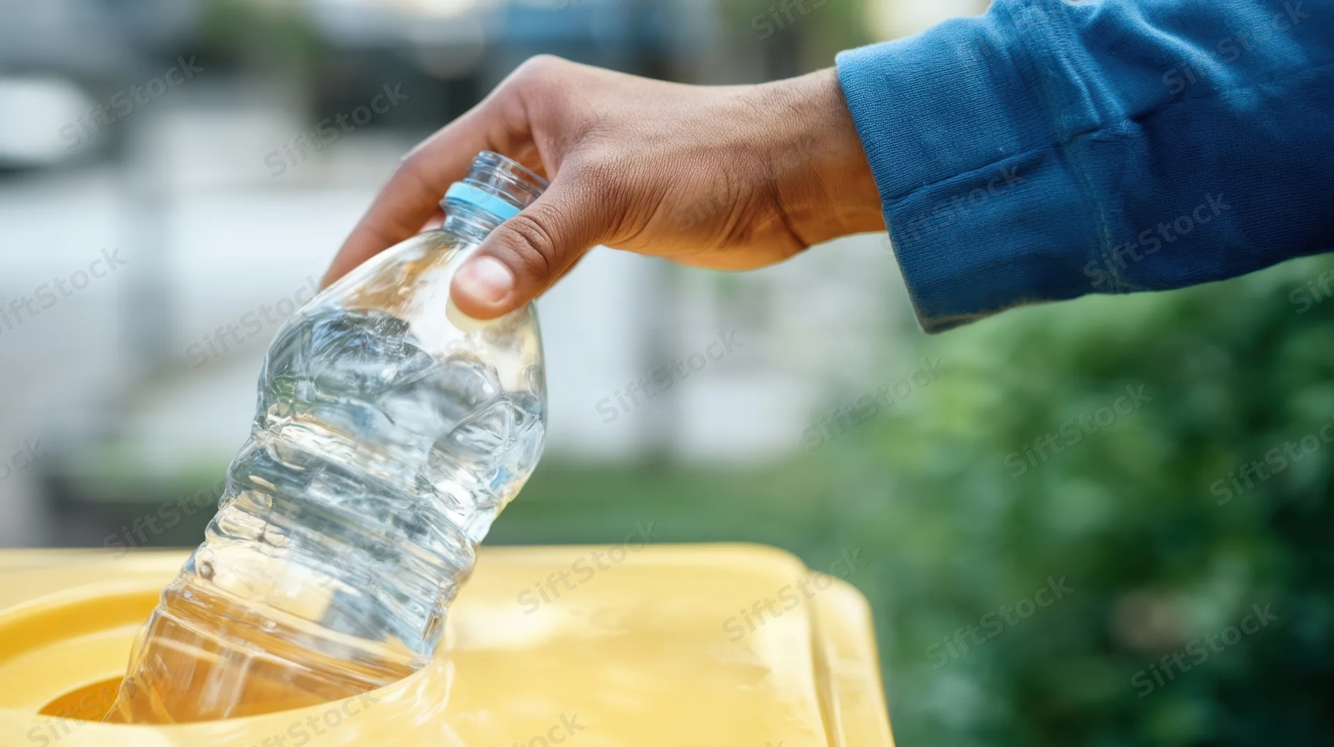 Hand placing empty plastic bottle into yellow recycling bin outdoors