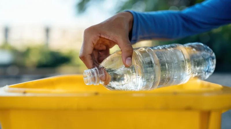 Hand placing a clear plastic bottle into a yellow recycling bin outdoors
