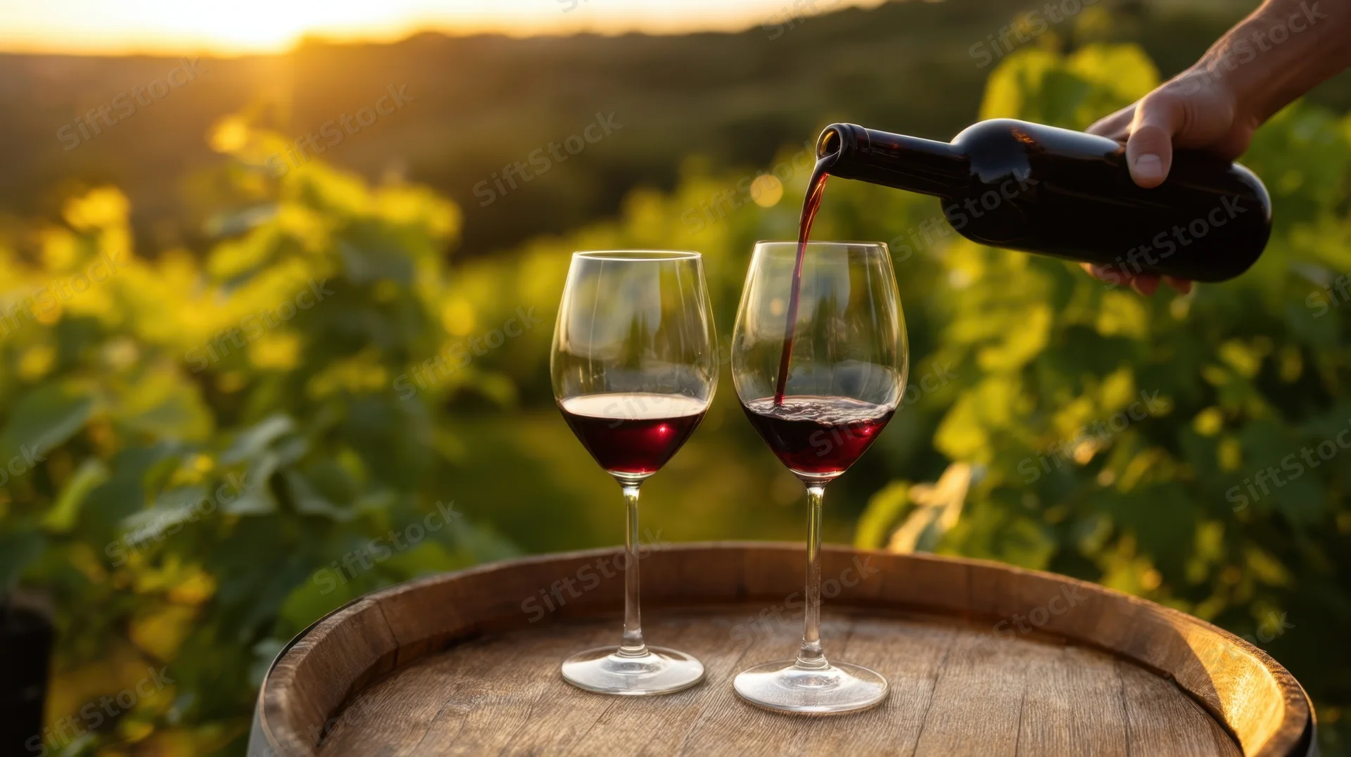 Hand pouring red wine into two glasses on a wooden barrel in a vineyard at sunset
