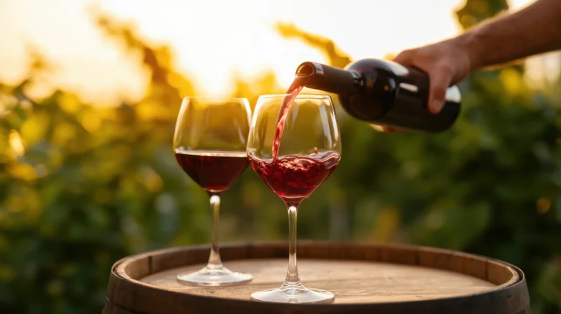 Hand pouring red wine into glass on wooden barrel in vineyard at sunset
