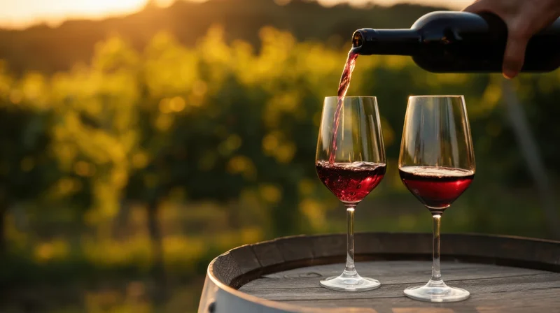 Hand pouring red wine into two glasses on a barrel in a vineyard at sunset