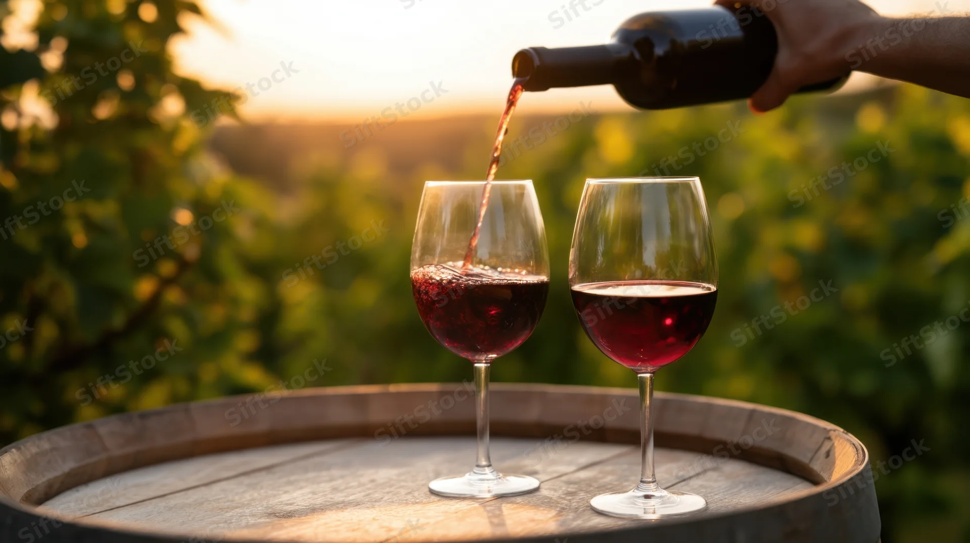 Hand pouring red wine into two glasses on a wooden barrel in a vineyard at sunset