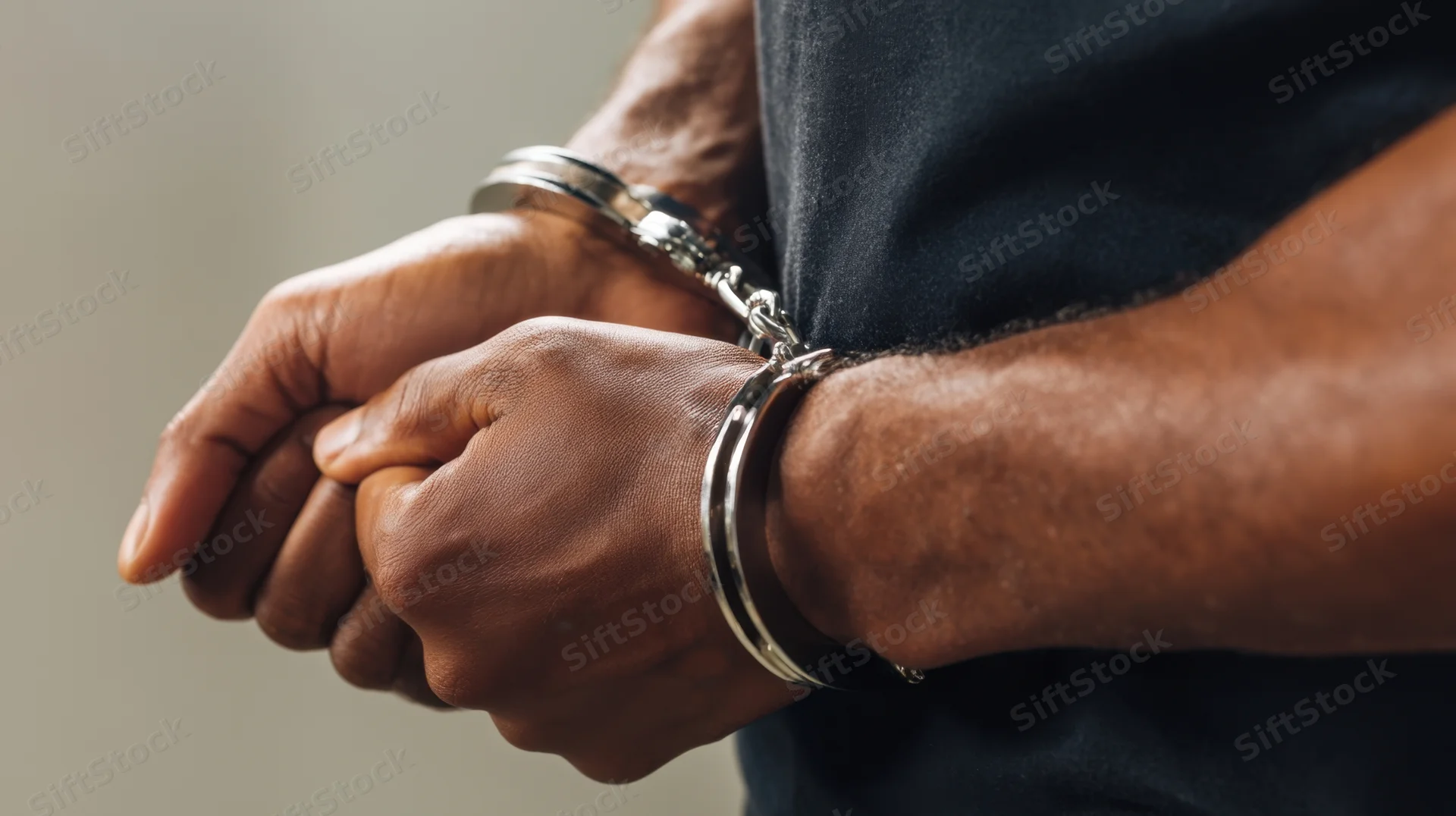 Closeup of handcuffed hands of a man in dark clothing