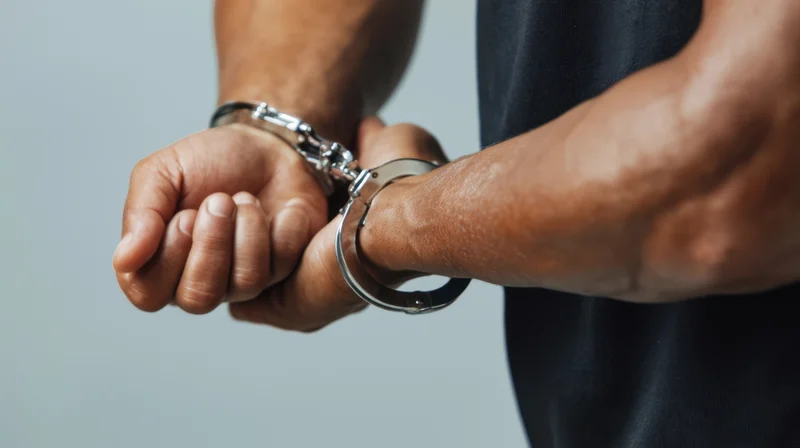 Man's hands cuffed behind his back in silver handcuffs, wearing black tshirt, studio shot