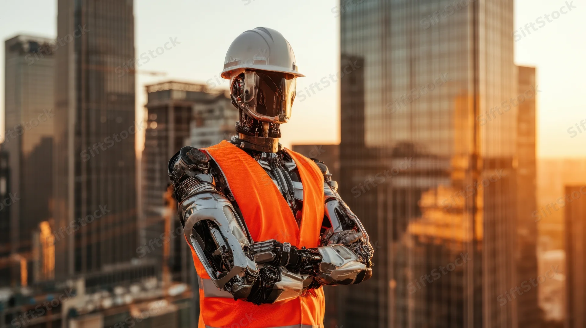 Humanoid robot in construction safety gear with arms crossed against city skyline at sunset