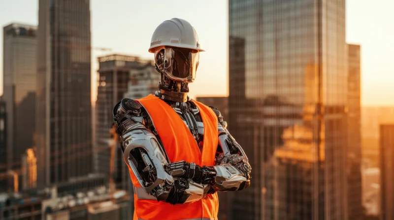 Humanoid robot in construction safety gear with arms crossed against city skyline at sunset