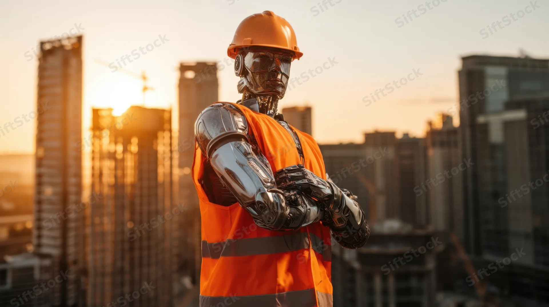 Humanoid robot in construction worker gear with arms crossed against city skyline at sunset