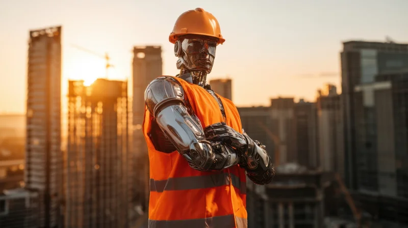 Humanoid robot in construction worker gear with arms crossed against city skyline at sunset