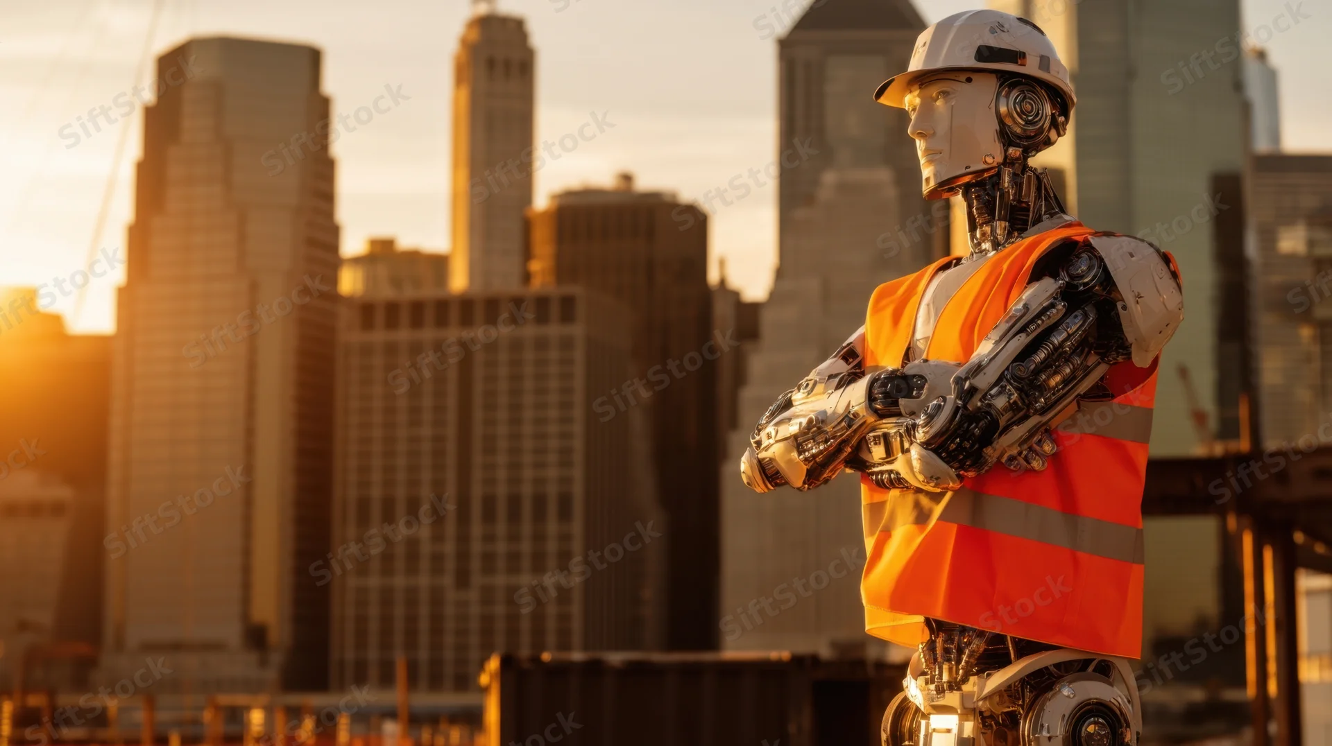 Humanoid robot in safety gear with arms crossed on a construction site at sunset