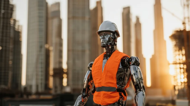 Humanoid robot in construction safety gear standing before city skyline at sunset