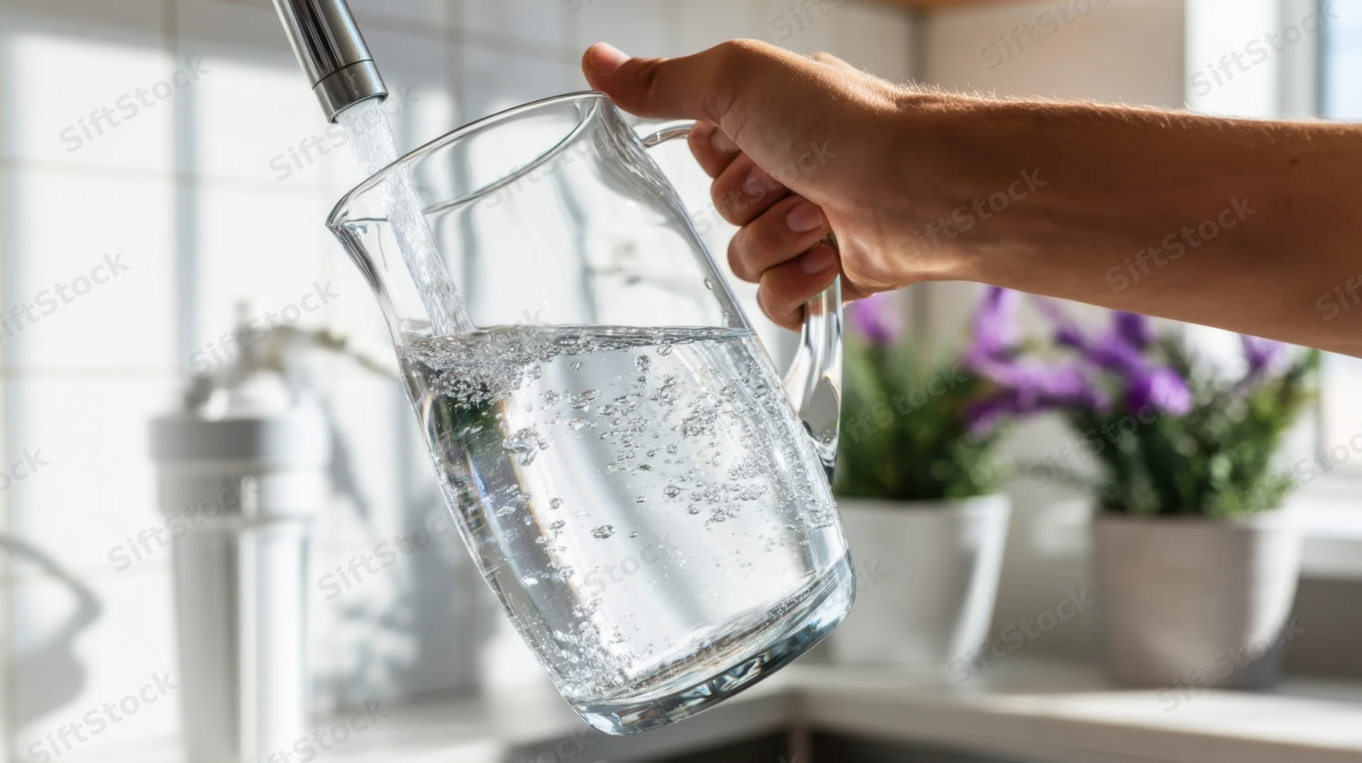Hand filling a glass pitcher with water from a kitchen faucet
