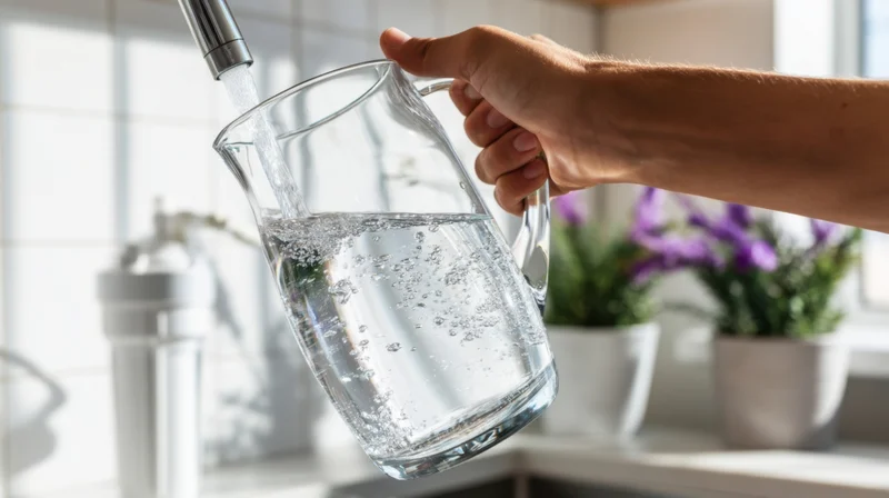 Hand filling a glass pitcher with water from a kitchen faucet