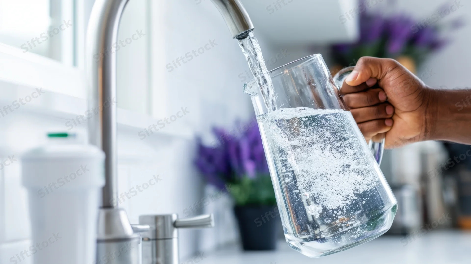 Hand pouring water from a kitchen faucet into a glass pitcher on a countertop