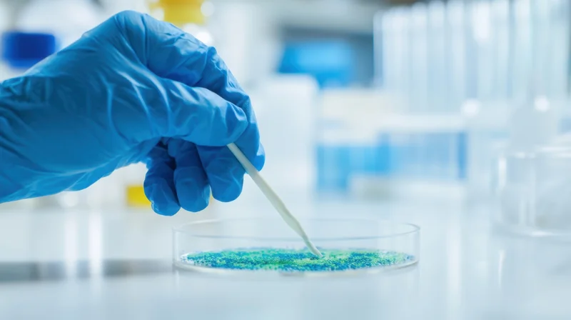 Scientist using swab to examine bacterial culture in petri dish in laboratory