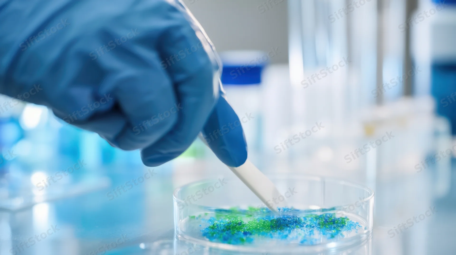 Gloved hand using pipette to transfer sample into petri dish in laboratory setting