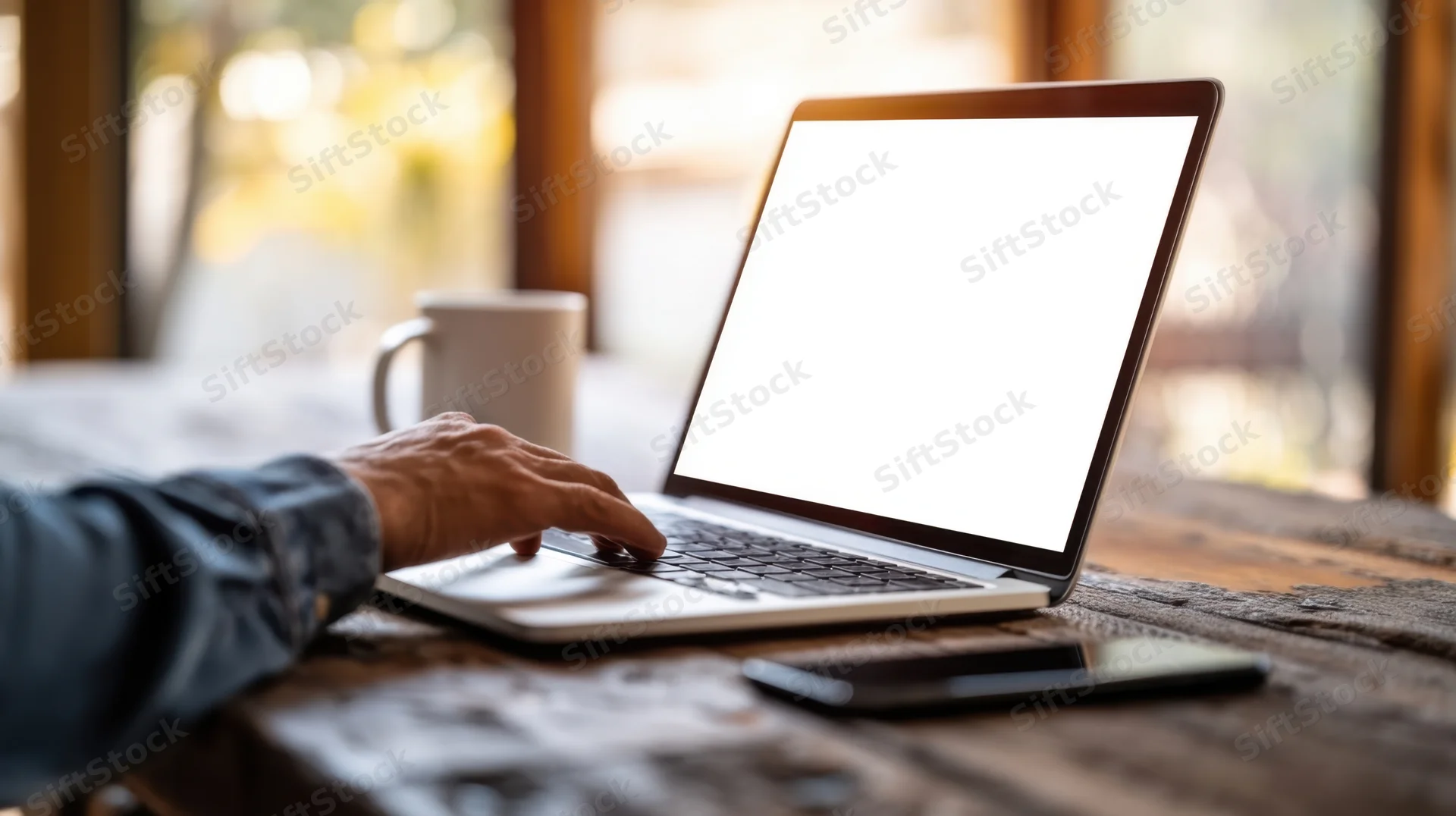 Hand typing on a laptop with blank white screen on a wooden desk near a window