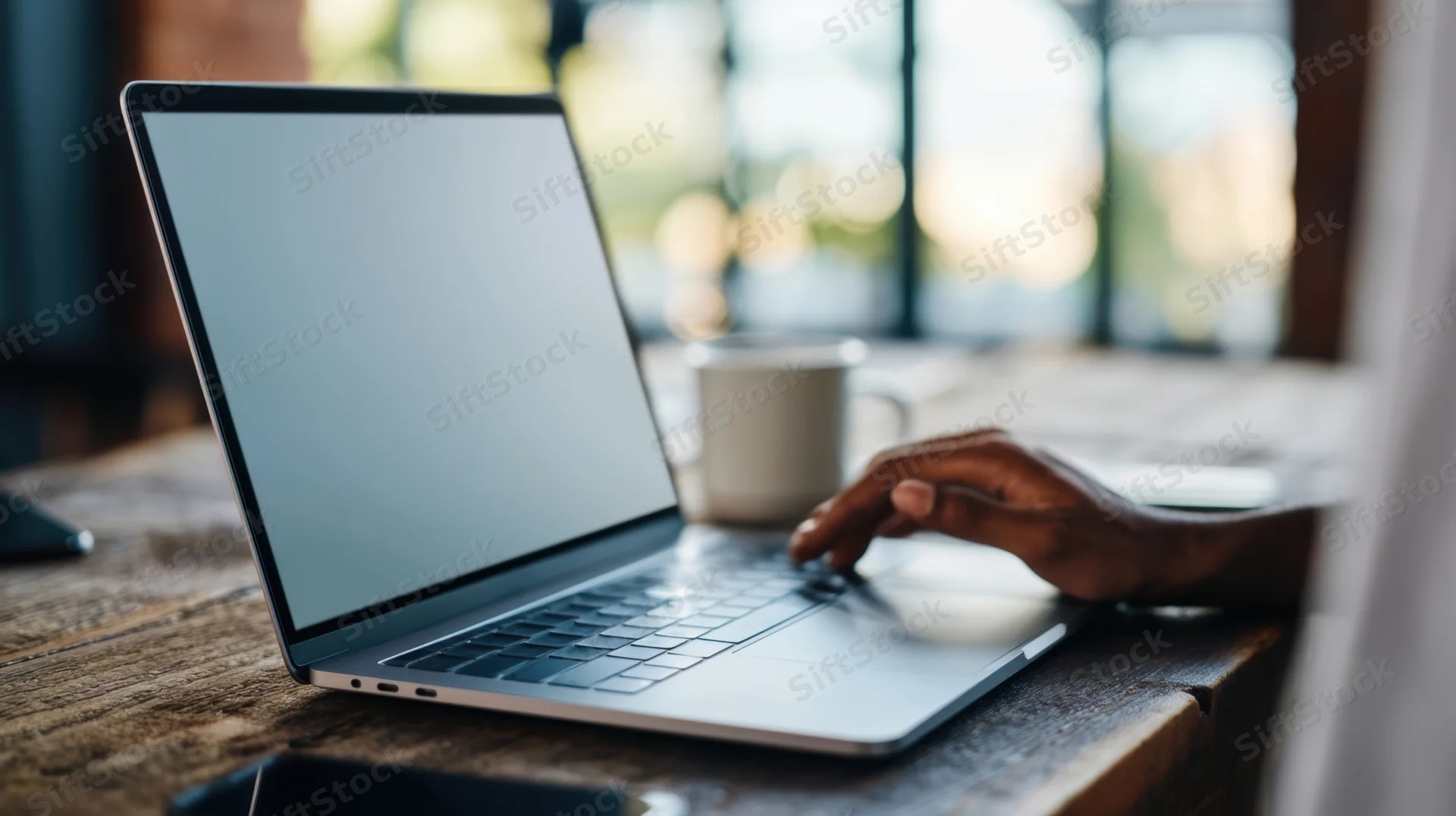 Hand typing on laptop keyboard at wooden desk with coffee mug nearby
