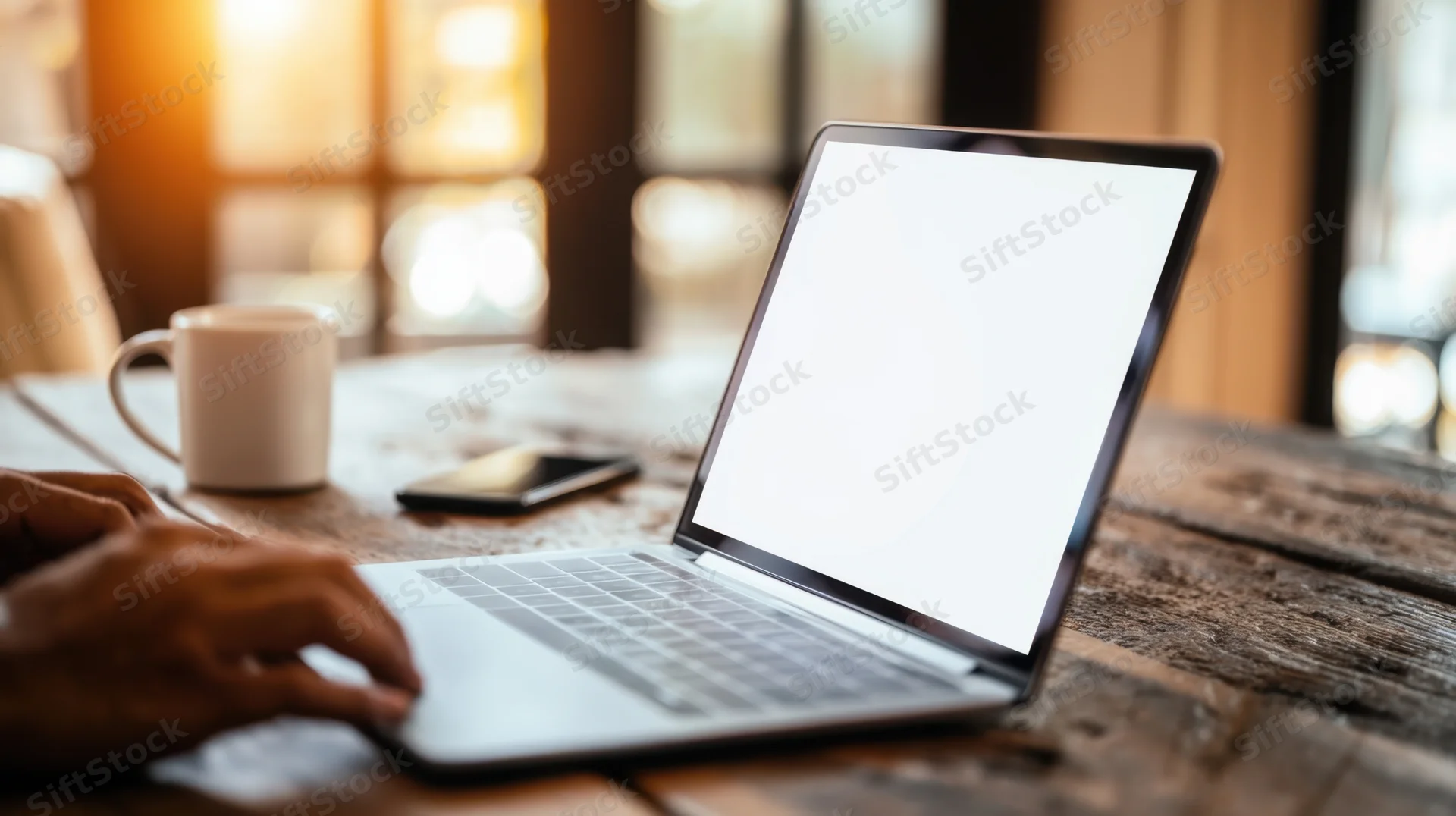 Hands typing on a laptop with blank white screen on wooden desk near window