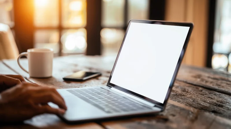 Hands typing on a laptop with blank white screen on wooden desk near window