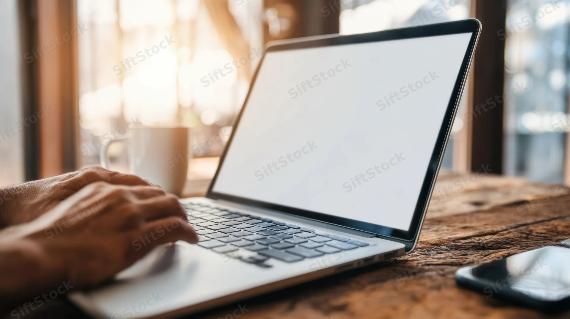 Hands typing on a laptop with blank white screen on a wooden desk by a window