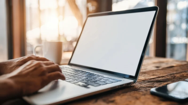 Hands typing on a laptop with blank white screen on a wooden desk by a window