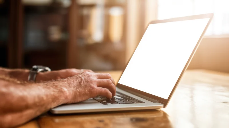 Man typing on laptop at wooden desk near window