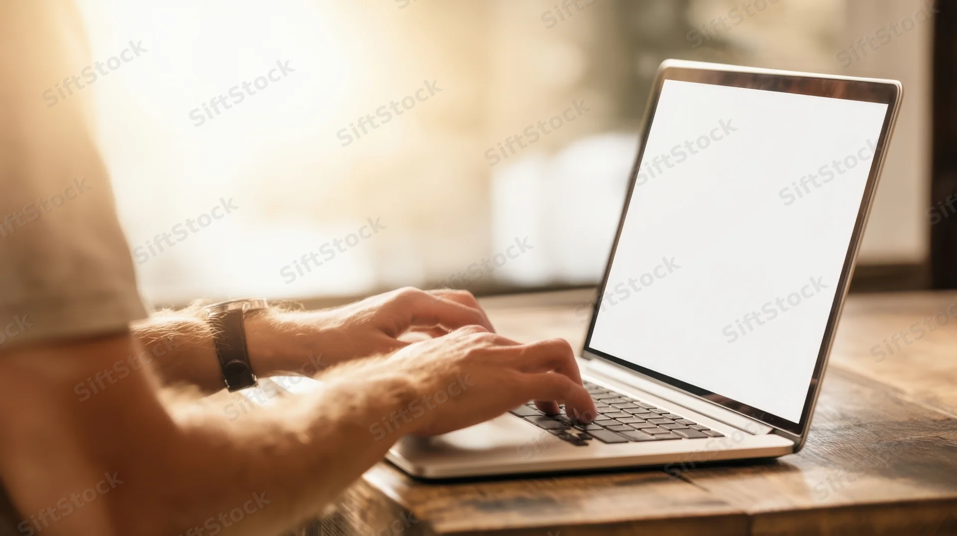 Man typing on laptop with blank screen on wooden desk near window