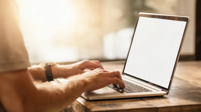 Man typing on laptop with blank screen on wooden desk near window