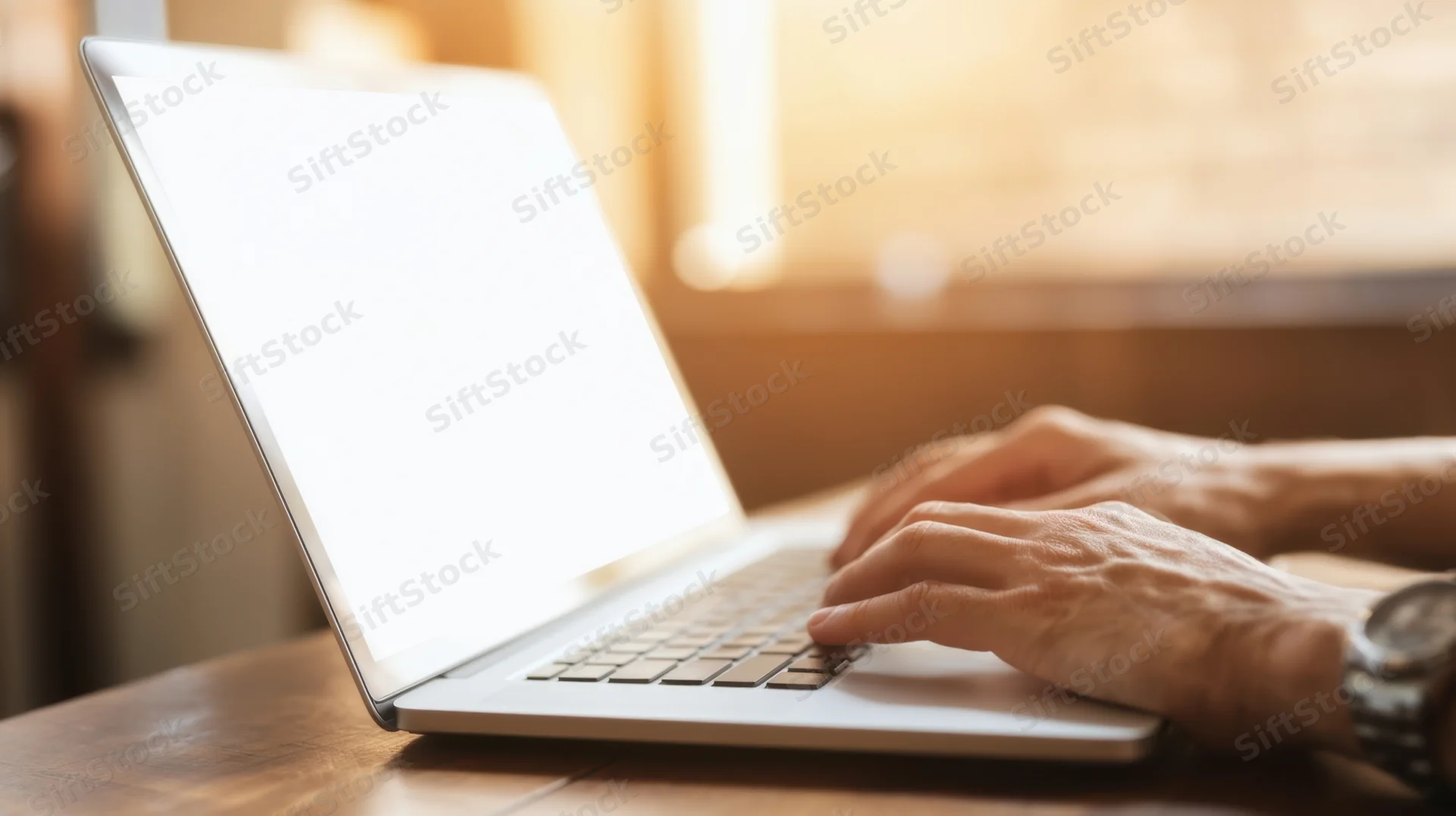 Hands typing on a laptop keyboard on a wooden desk indoors