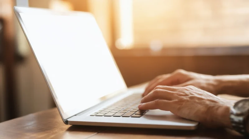 Hands typing on a laptop keyboard on a wooden desk indoors