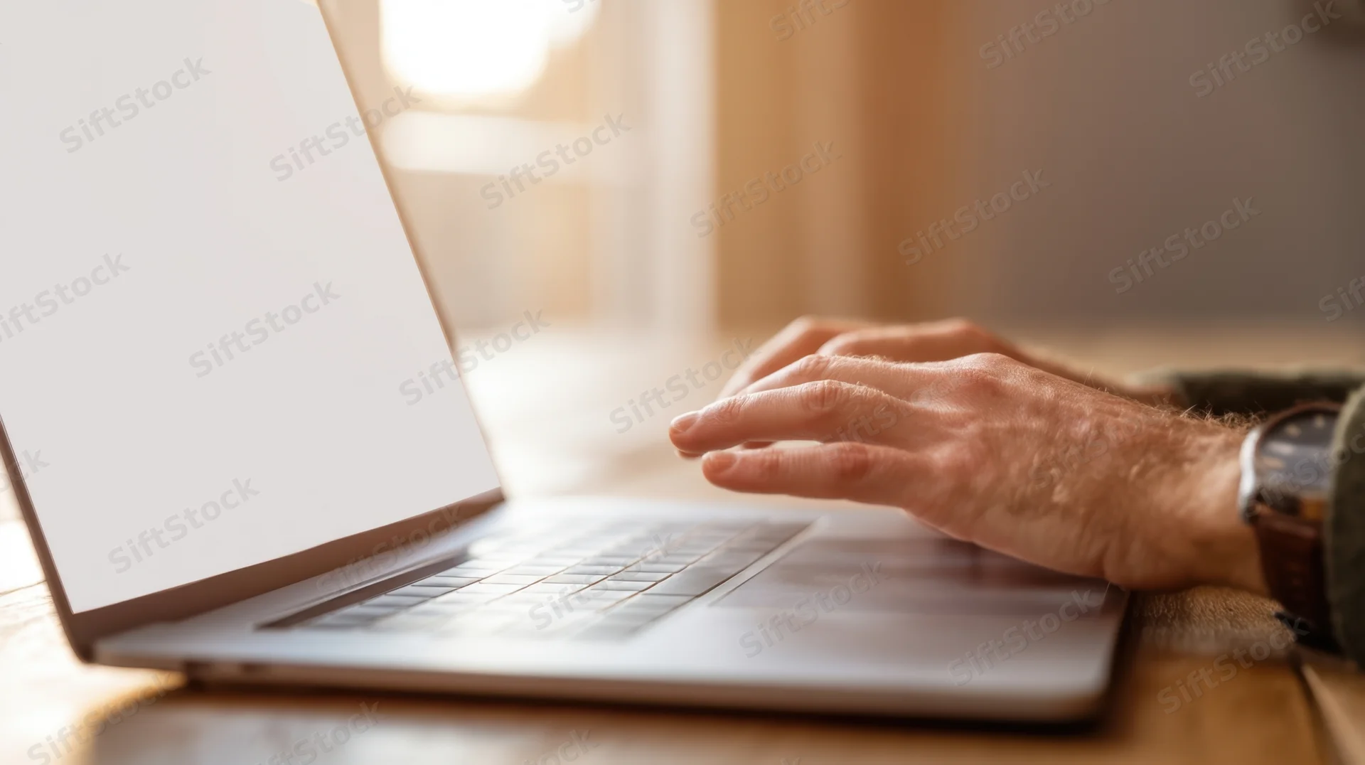 Hands typing on a laptop keyboard at a wooden desk near a window with sunlight