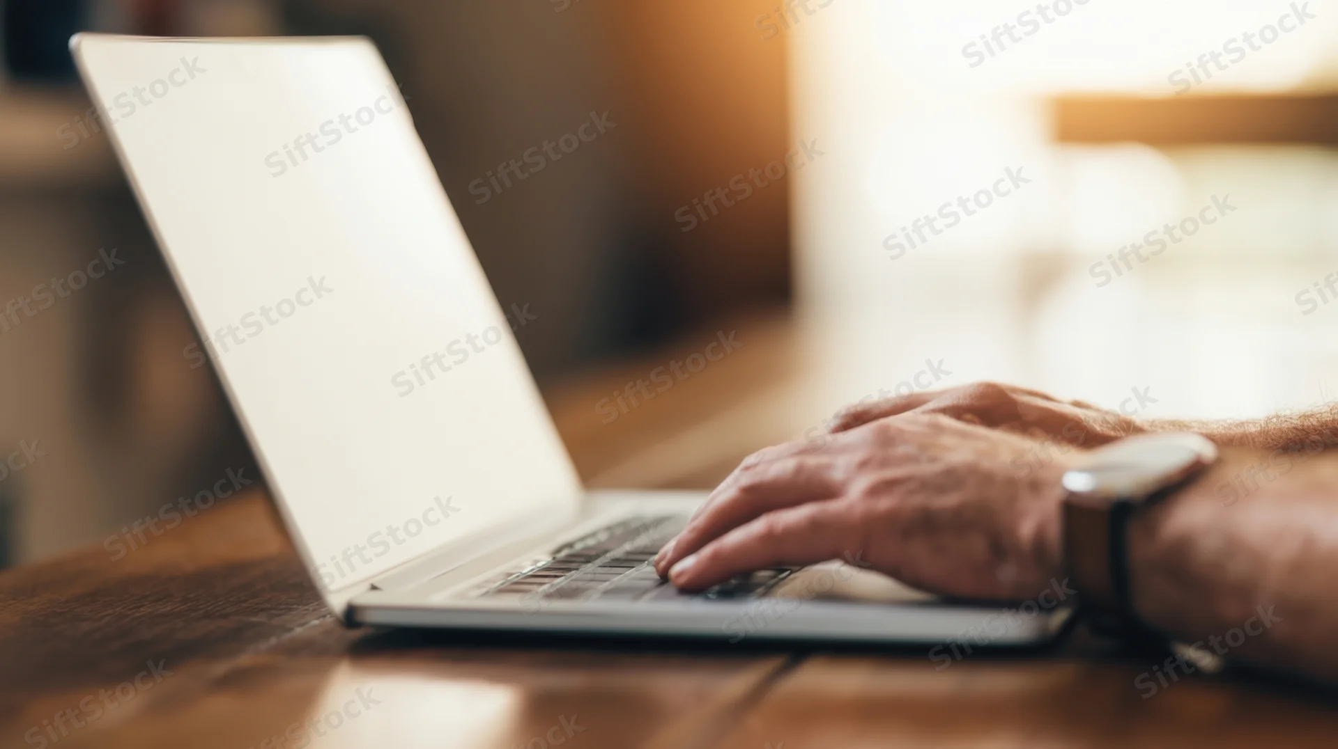 Hands typing on a laptop keyboard on a wooden desk in an indoor workspace