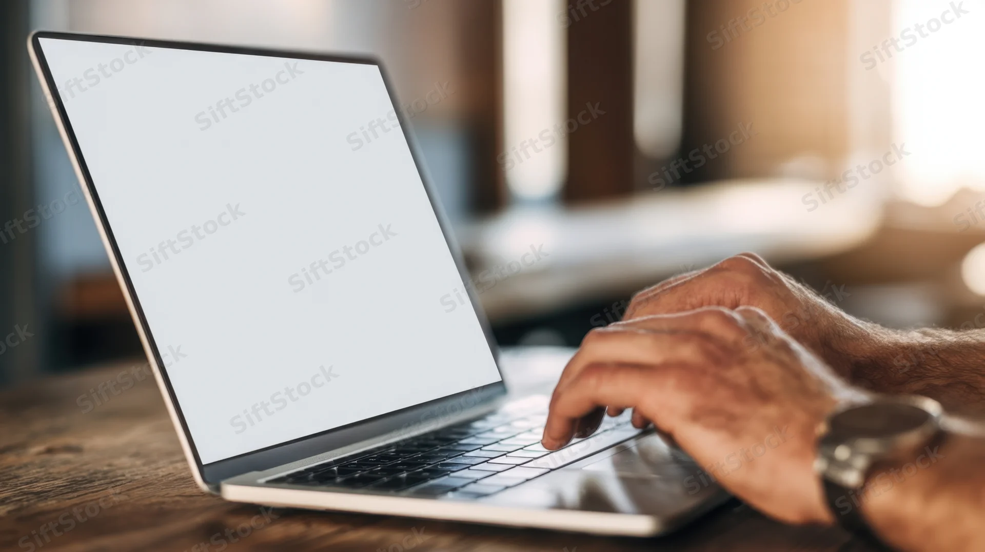 Hands typing on a laptop with blank white screen on wooden desk