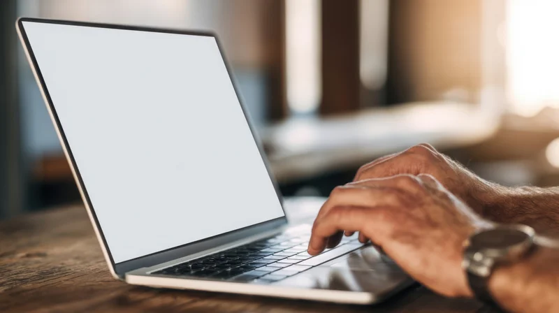 Hands typing on a laptop with blank white screen on wooden desk