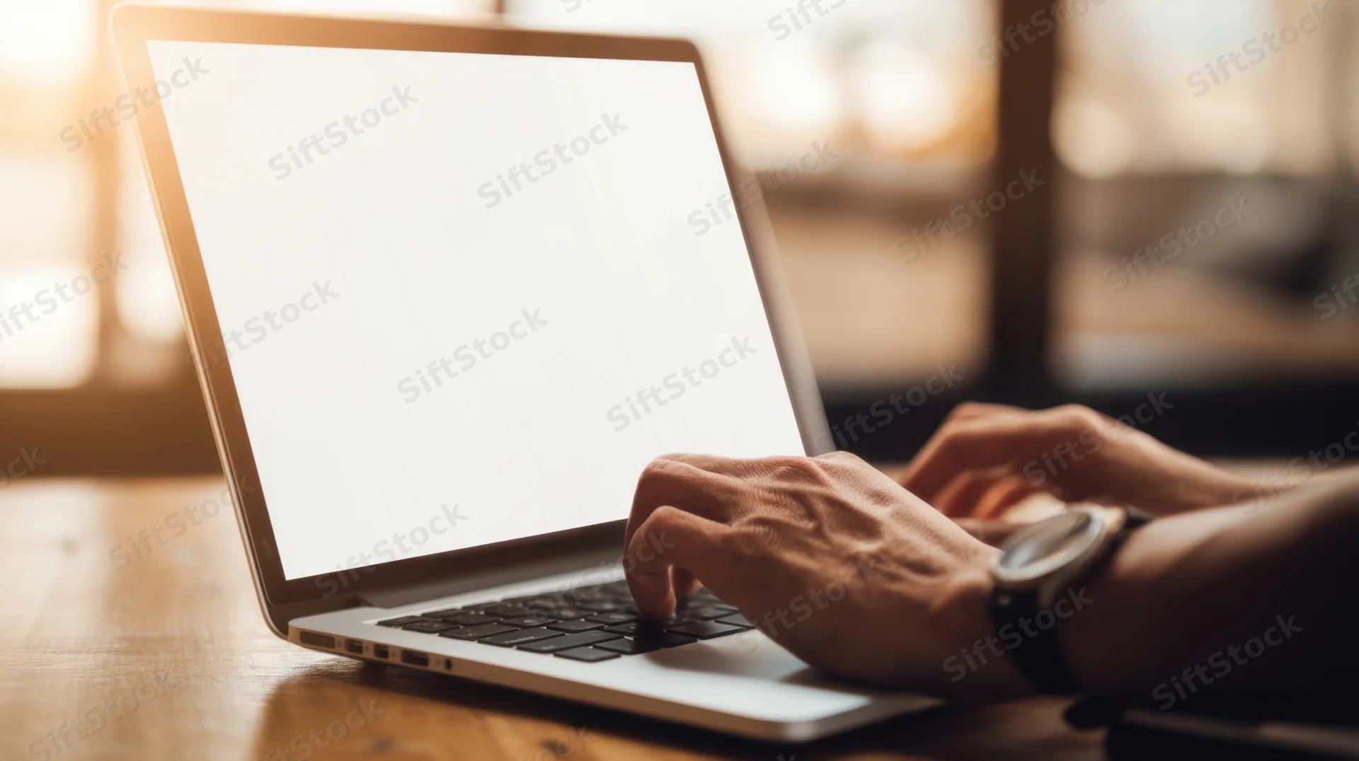 Hands typing on a laptop with blank white screen on wooden table