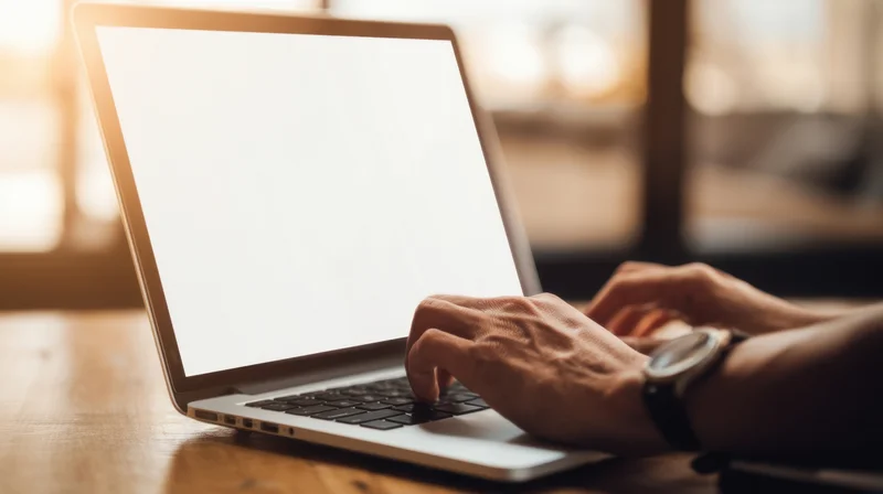 Hands typing on a laptop with blank white screen on wooden table