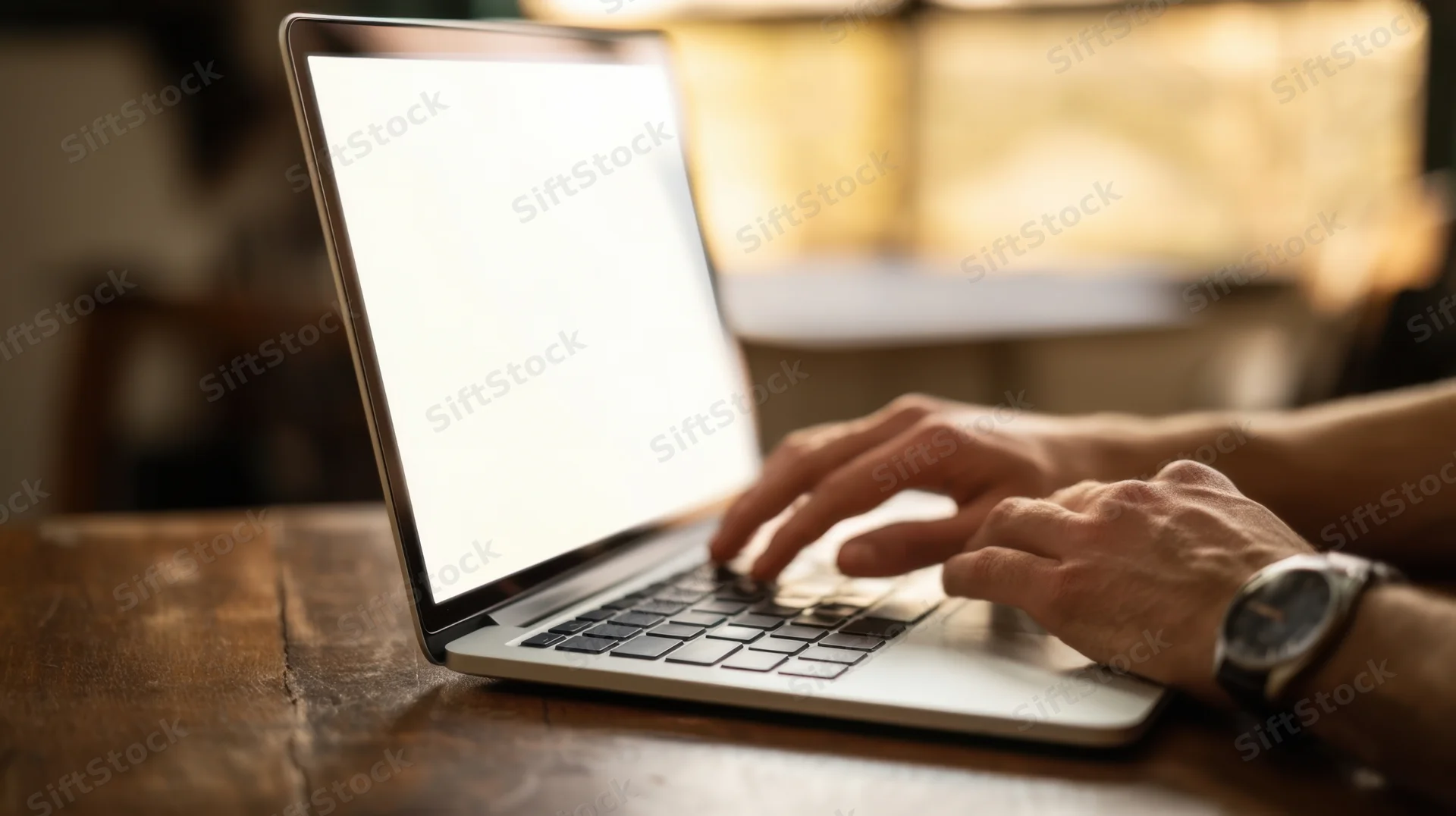 Hands typing on a laptop with blank screen on wooden table
