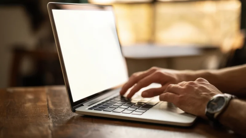 Hands typing on a laptop with blank screen on wooden table