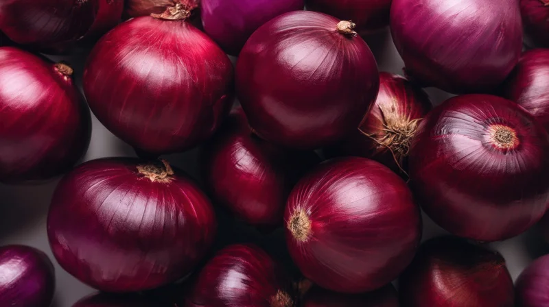 Closeup of red onions piled together on a neutral surface