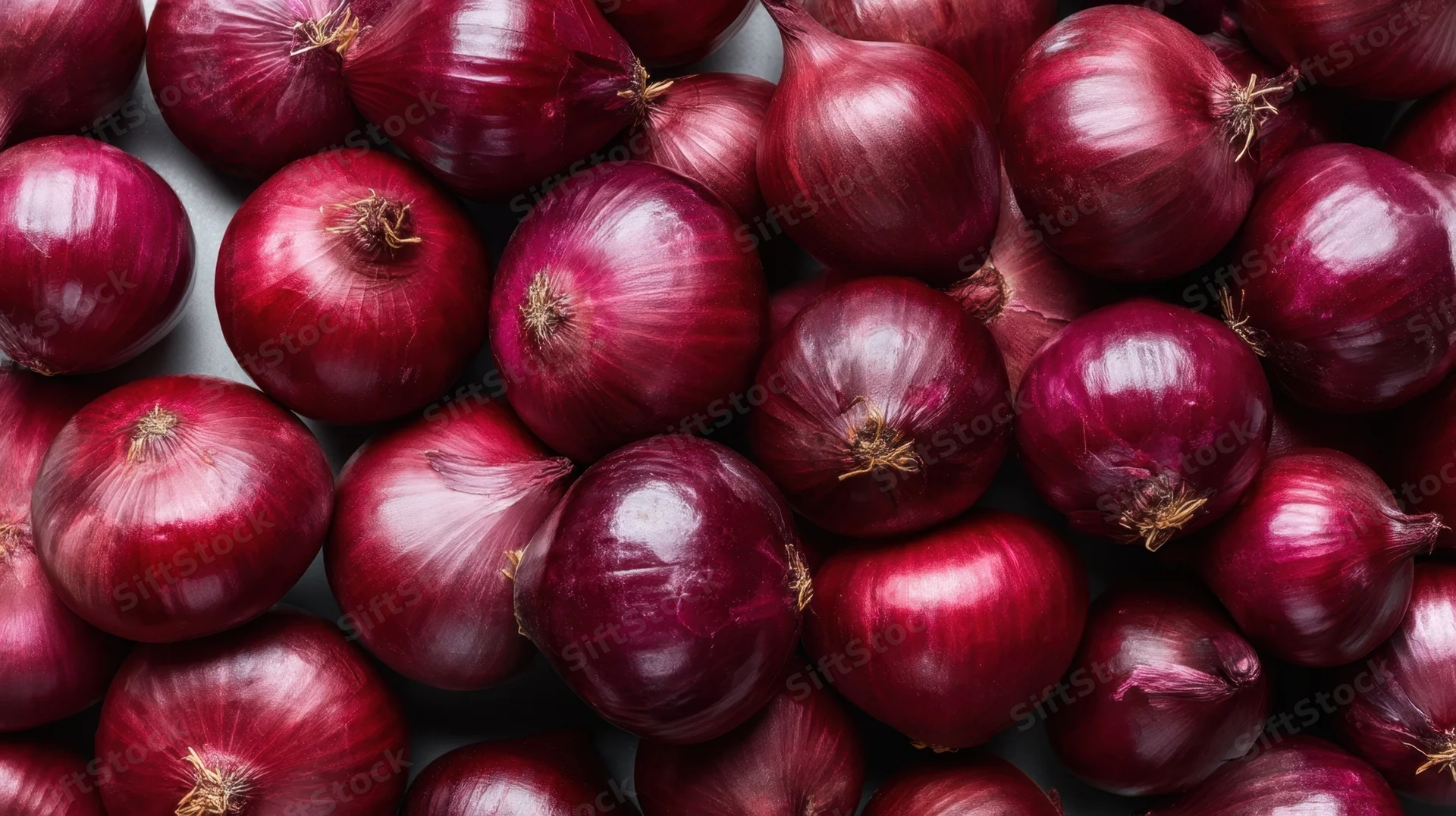 Closeup of red onions arranged in a pile on a flat surface