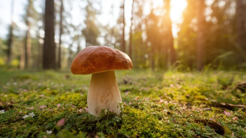 Large mushroom growing in mossy forest floor with sunlight filtering through trees