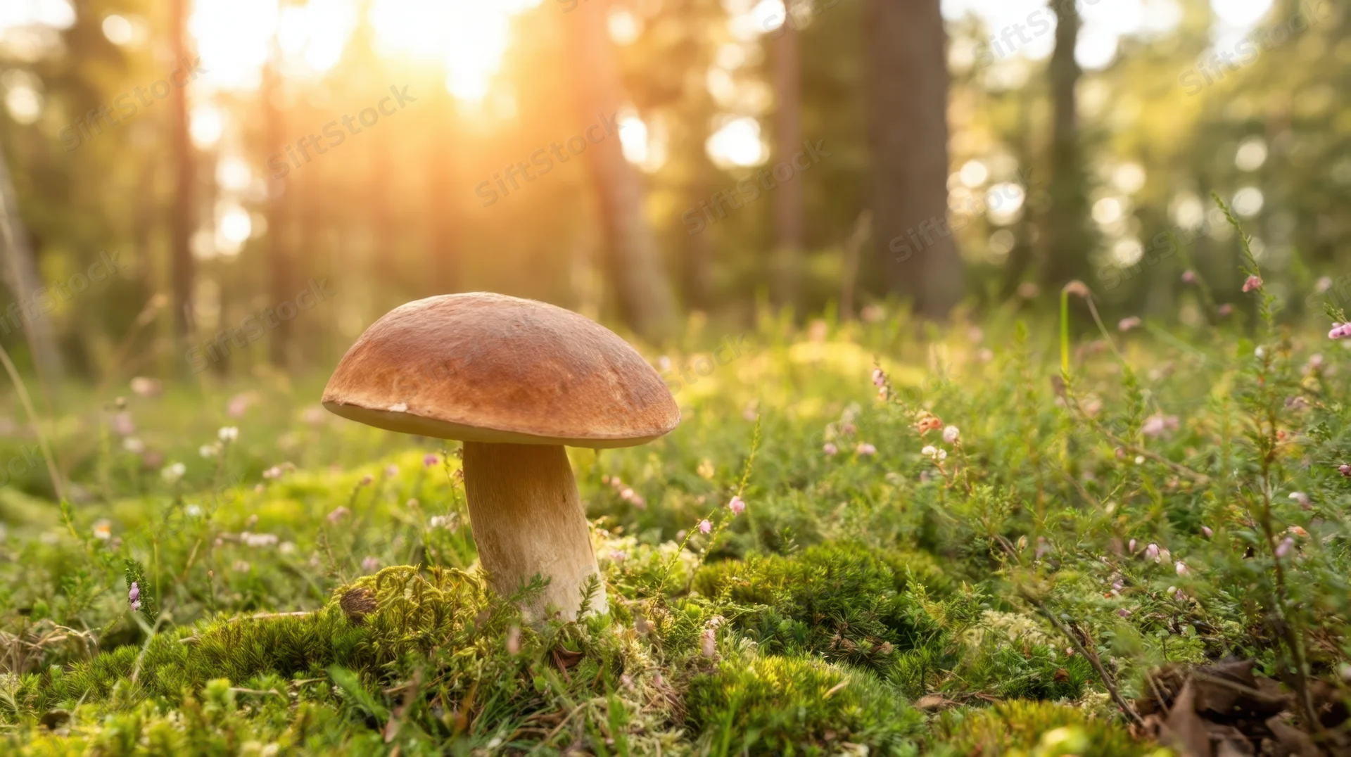Large mushroom growing on mossy forest floor at sunrise with sunlight filtering through trees