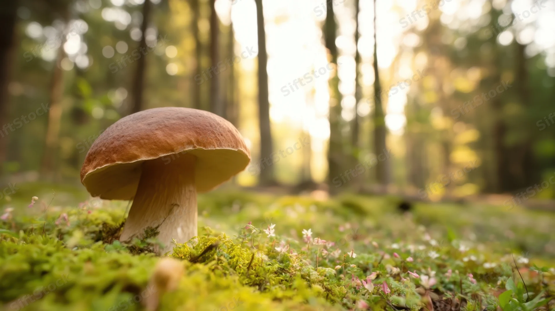 Large mushroom growing on mossy forest floor with sunlight filtering through trees