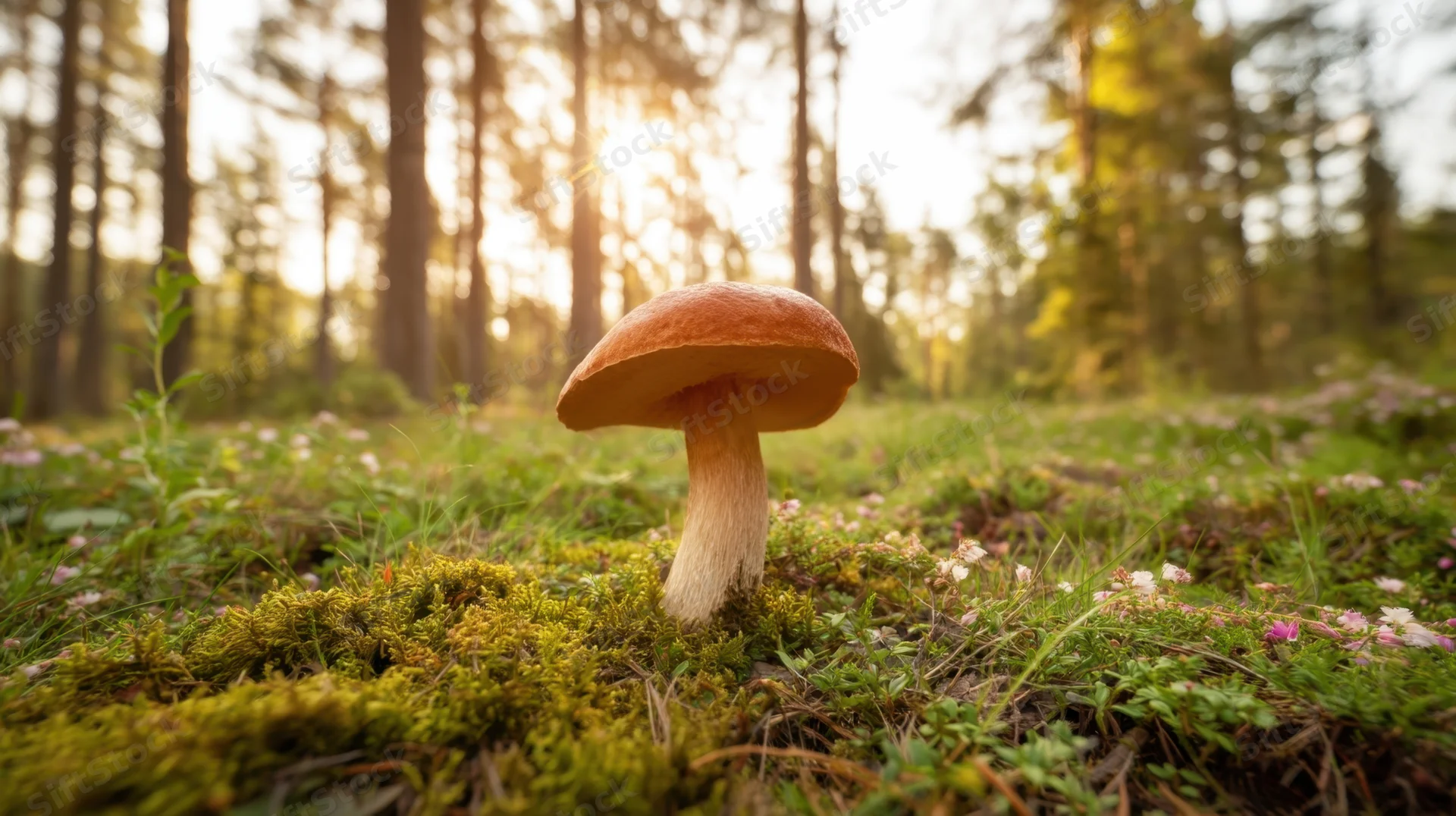 Large mushroom growing on mossy forest floor with sunlight filtering through trees