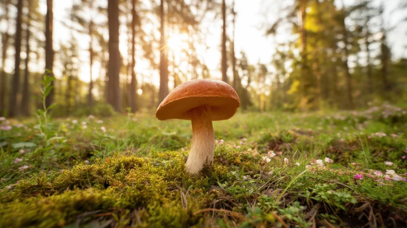 Large mushroom growing on mossy forest floor with sunlight filtering through trees